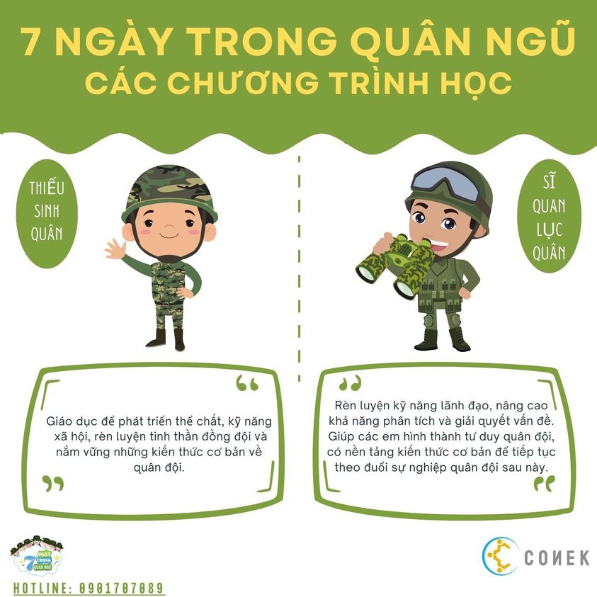 Khóa học “7 ngày trong quân ngũ” gồm nhiều chương trình học: Chương trình học “Thiếu sinh quân” và chương trình học “Sĩ quan lục quân”.